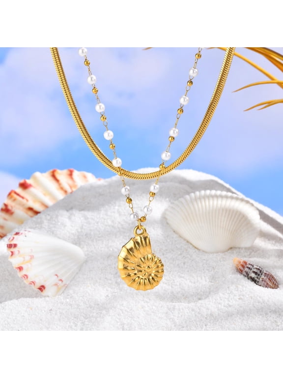 Marine Style Conch Double Layered Necklace for Women,14K Gold Necklaces,Holiday Beach Jewelry Gifts