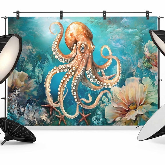 Marine Submarine Octopus Backdrop for Photography, Coral Starfish Retro Watercolor Photo Backdrop Portrait Background Party Banner Photo Backgrounds for Studio Booth Props, 10x8ft