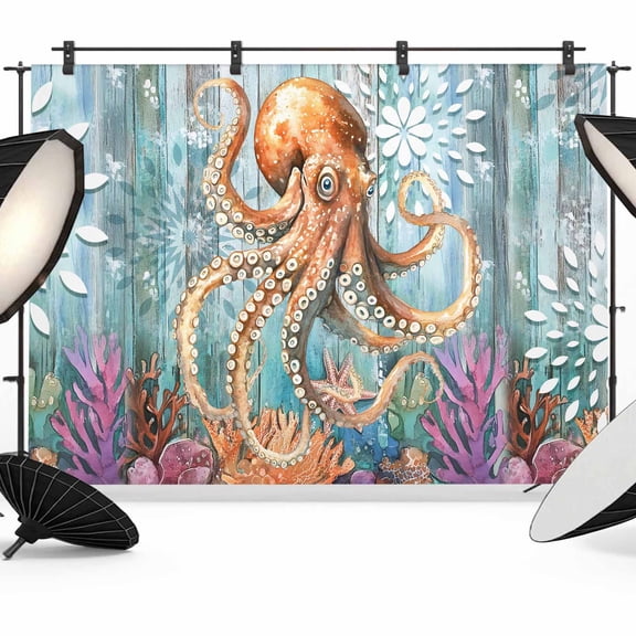 Marine Submarine Octopus Backdrop for Photography, Undersea Coral Starfish Retro Photo Backdrop Portrait Background Party Banner Photo Backgrounds for Studio Booth Props, 10x8ft