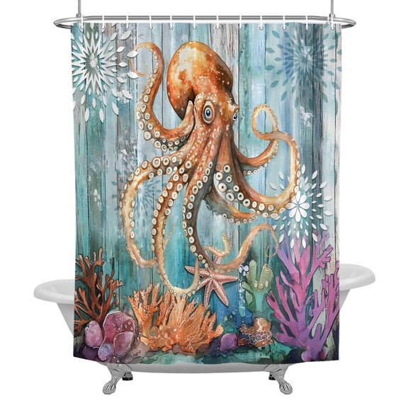 Marine Submarine Octopus Bathroom Shower Curtain, Undersea Coral Starfish Retro Waterproof Washable Soft Bath Curtain for Bathtub Decor with 12 Hooks&Grommet, 54x78 Inch