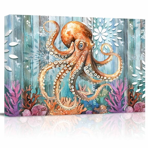 Marine Submarine Octopus Canvas Print Wall Art Undersea Coral Starfish Retro Pictures Painting Morden Artwork for Living Room Bedroom, Ready to Hang - 12"x16"