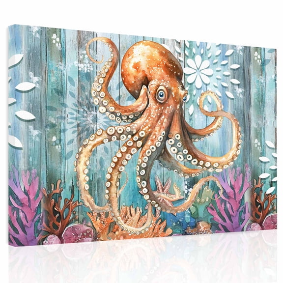 Marine Submarine Octopus Canvas Print Wall Art, Undersea Coral Starfish Retro Wall Decor Modern Artwork Paintings Pictures for Living Room Framed and Stretched Ready to Hang, 20" x 24"