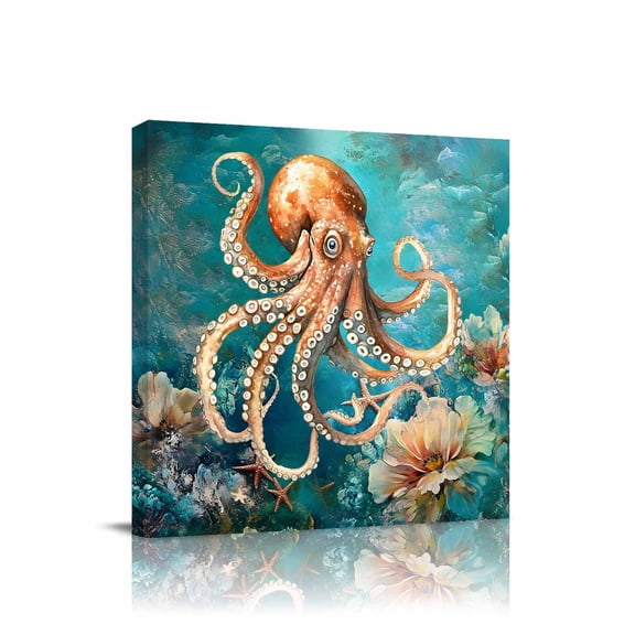 Marine Submarine Octopus Canvas Wall Art, Coral Starfish Retro Watercolor Framed Wall Decor Modern Artwork Prints Painting for Living Room, Bedroom, Kitchen & Cafe Decor 16x16 Inch