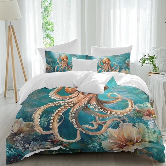 Marine Submarine Octopus Duvet Cover Set King Size, Coral Starfish Retro Watercolor 4 Piece Soft Microfiber Bedding Set with 1 Duvet Cover, 1 Flat Sheet, 2 Pillowcases