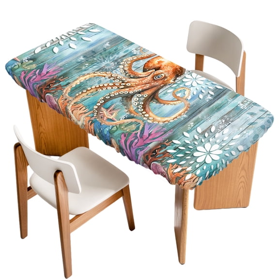 Marine Submarine Octopus Fitted Rectangle Tablecloth 24" x 50" Undersea Coral Starfish Retro Elastic Table Cloth Fits for 4 Foot Folding Tables Waterproof Table Cover for Picnic Camping Outdoor