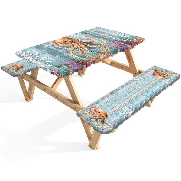 Marine Submarine Octopus Picnic Table Cover with Bench Covers Undersea Coral Starfish Retro Waterproof Fitted Picnic Tablecloth 3 Pieces Set Table Cloth for Outdoor Camping Garden BBQ