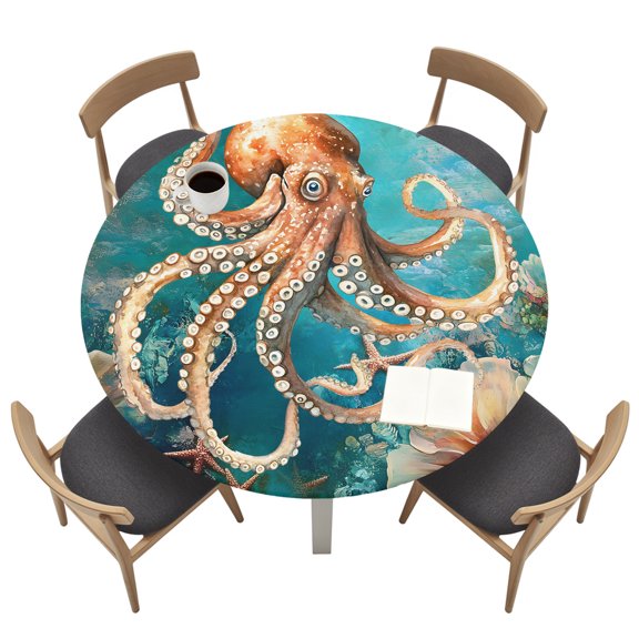 Marine Submarine Octopus Round Fitted Tablecloth Coral Starfish Retro Watercolor Elastic Table Cloth Waterproof Oil Proof Table Cover Fits 55"-60" Round Tables for Party Picnic Dinner Decor