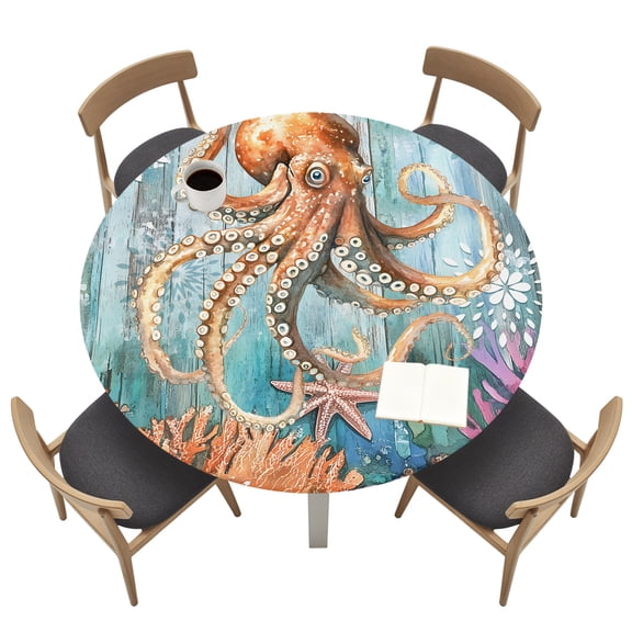 Marine Submarine Octopus Round Fitted Tablecloth Undersea Coral Starfish Retro Elastic Table Cloth Waterproof Oil Proof Table Cover Fits 45"-54" Round Tables for Party Picnic Dinner Decor