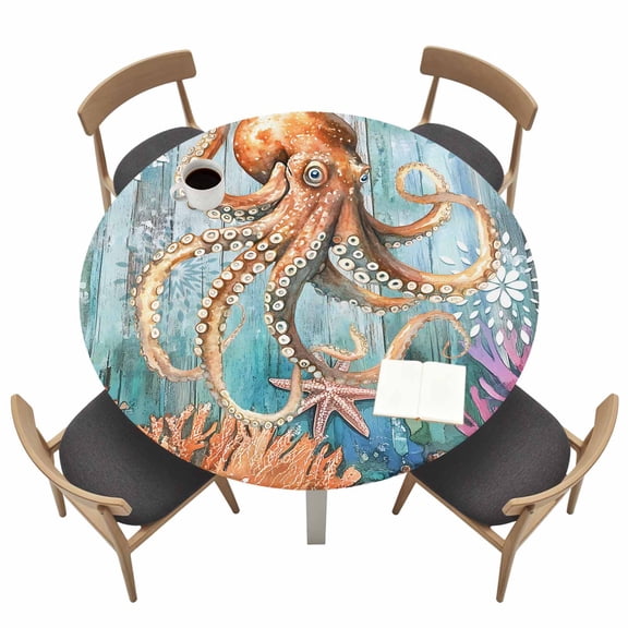 Marine Submarine Octopus Round Fitted Tablecloth Undersea Coral Starfish Retro Waterproof Elastic Stretch Table Cover for 55"-60" Round Table, Oil Proof Tablecloth for Picnic Party Dinner