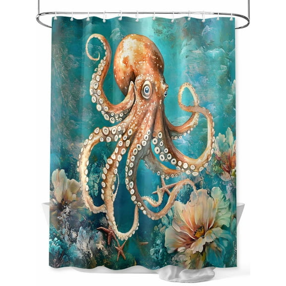 Marine Submarine Octopus Shower Curtain, Coral Starfish Retro Watercolor Waterproof Shower Curtain Set with 12 Hooks Lightweight Washable Fabric Shower Curtains for Bathroom 60x72 Inches