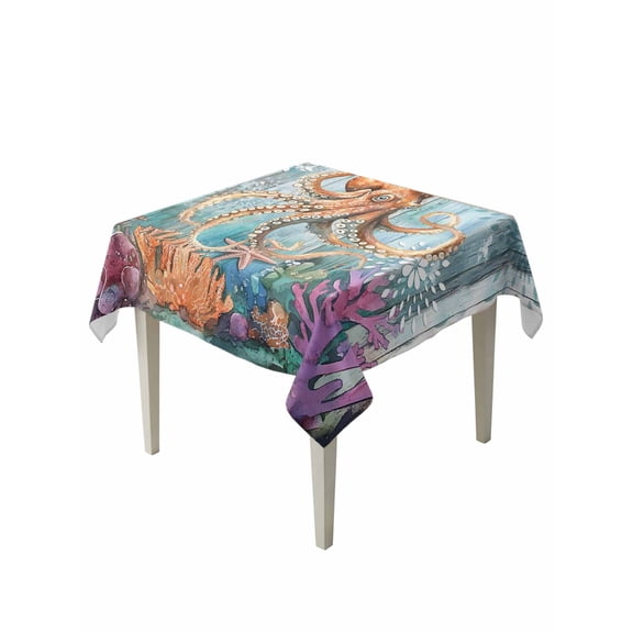 Marine Submarine Octopus Table Cloth 60x60 Inch Square, Undersea Coral Starfish Retro Waterproof Tablecloth Washable Table Cover for Party Picnic Dinner Decor