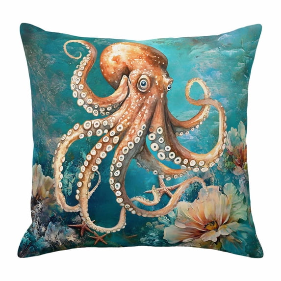 Marine Submarine Octopus Throw Pillow Cover Coral Starfish Retro Watercolor Cotton Linen Cushion Cover Throw Pillow Case with Invisible Zipper for Couch Sofa Bed Chair Car 24x24 Inch