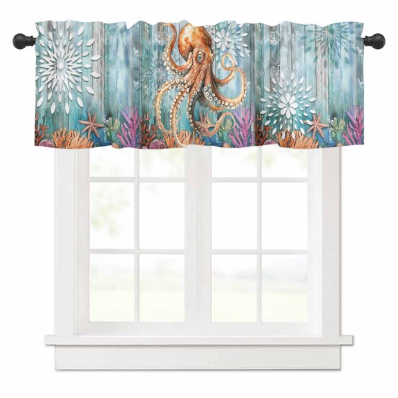 Marine Submarine Octopus Valances for Windows Undersea Coral Starfish Retro Rod Pocket Curtain Valance Window Treatment Short Curtains for Kitchen Living Room, 58"x16"