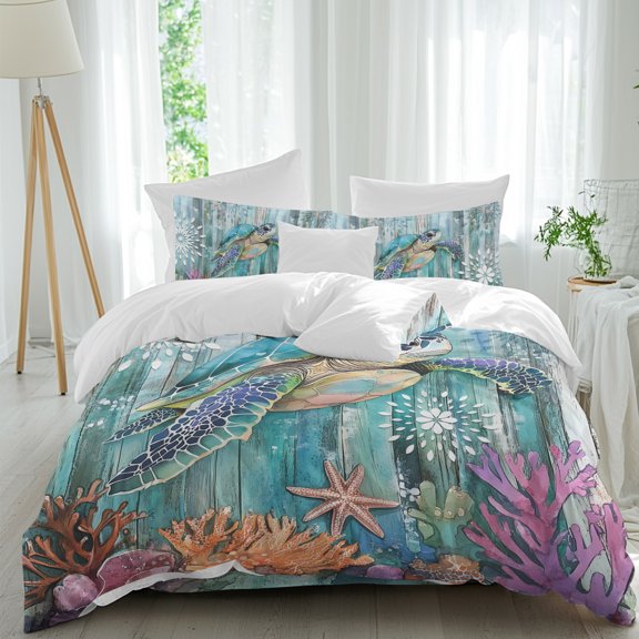 Marine Submarine Turtle Duvet Cover Set King Size, Undersea Coral Starfish Retro 4 Piece Soft Microfiber Bedding Set with 1 Duvet Cover, 1 Flat Sheet, 2 Pillowcases