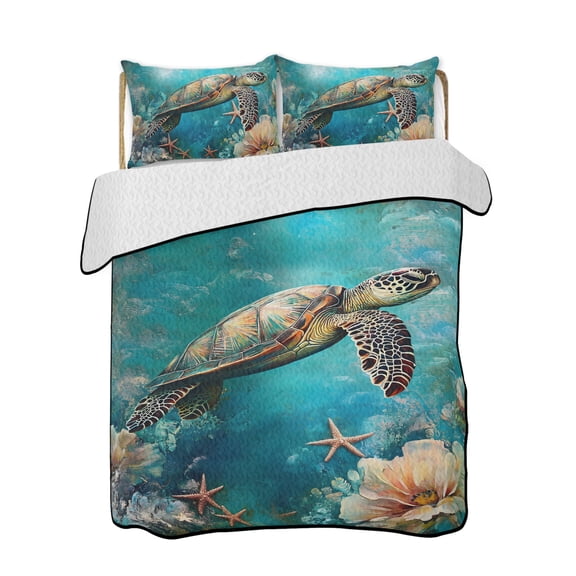 Marine Submarine Turtle Quilts Bedding Set California King Coral Starfish Retro Watercolor Lightweight Quilted Bedspread 3 Piece Bed Quilt with 2 Pillow Shams All Season for Bedroom 96" x 106"