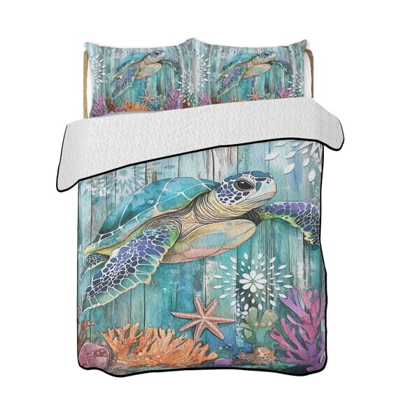 Marine Submarine Turtle Quilts Bedding Set California King Undersea Coral Starfish Retro Lightweight Quilted Bedspread 3 Piece Bed Quilt with 2 Pillow Shams All Season for Bedroom 96" x 106"