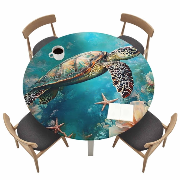 Marine Submarine Turtle Round Fitted Tablecloth Coral Starfish Retro Watercolor Waterproof Elastic Stretch Table Cover for 55"-60" Round Table, Oil Proof Tablecloth for Picnic Party Dinner