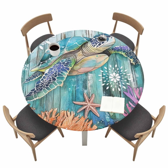 Marine Submarine Turtle Round Fitted Tablecloth Undersea Coral Starfish Retro Waterproof Elastic Stretch Table Cover for 36"-44" Round Table, Oil Proof Tablecloth for Picnic Party Dinner