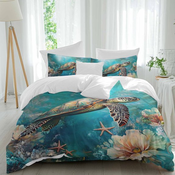 Marine Submarine Turtle Twin Size Comforter Set, Coral Starfish Retro Watercolor Bedding for All Seasons, 4 Pcs Bed Set, 1 Quiltcover (68"x86") ,1Sheet(67"x116"), 2Pillowcases (30"x20")
