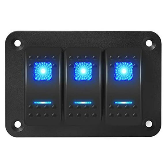Marine Switch Panel 12V 3 Gang Rocker Switch With Blue LED Light, Waterproof Aluminum Electrical Control Board For Boat, Car, Truck, RV, UTV, For ATV And Off-Road Vehicles