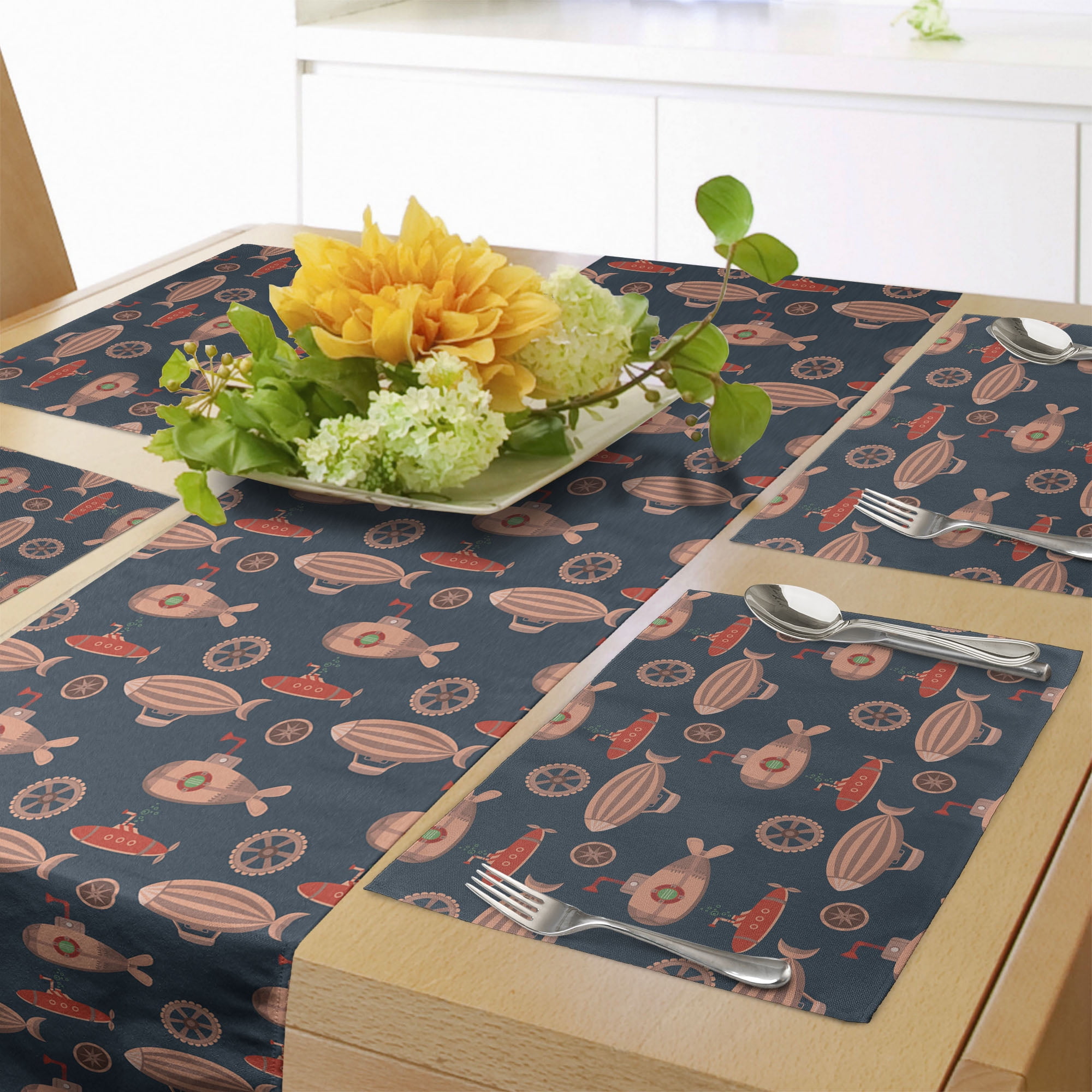 Marine Table Runner & Placemats, Image of Submarines and Zeppelins in