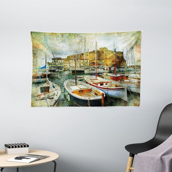 Marine Tapestry, Naples Small Boats at Historical Italian Coast with Heritage Castle Nautical Artwork, Wall Hanging for Bedroom Living Room Dorm Decor, 60W X 40L Inches, Multicolor, by Ambesonne