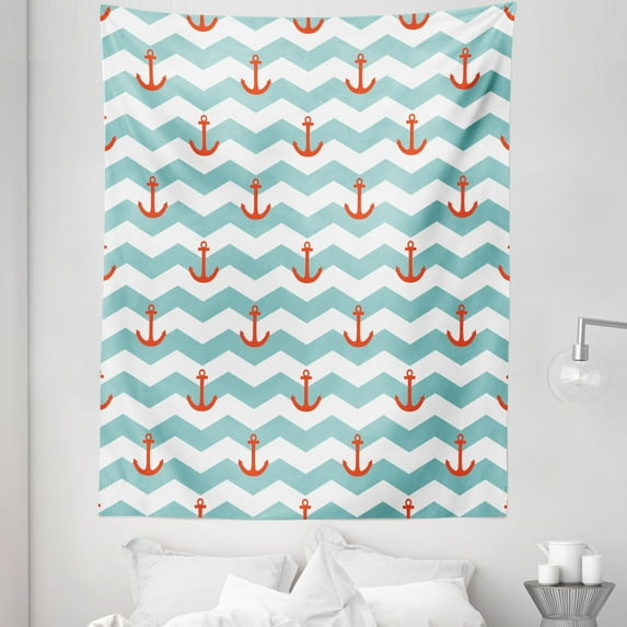 Marine Tapestry, Simple Pattern Anchor Stripe Art Welcoming Wavy Water Tiled Surface, Fabric Wall Hanging Decor for Bedroom Living Room Dorm, 5 Sizes, Turquoise Red, by Ambesonne