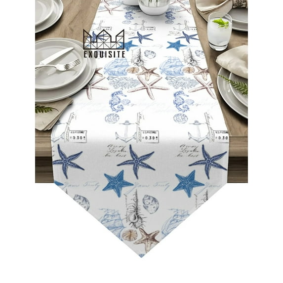 Marine Texture Seashells StarSeahorse Table Runner Tablecloth Placemat Table Mat For Home Wedding Party Decoration Supplies