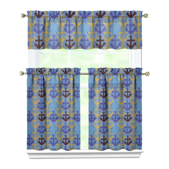 Marine Theme 3-Piece Kitchen Curtains Set, Lighthouse & Sailboat Semi-Sheer Rod Pocket Panels, Coastal Beach House Window Decor