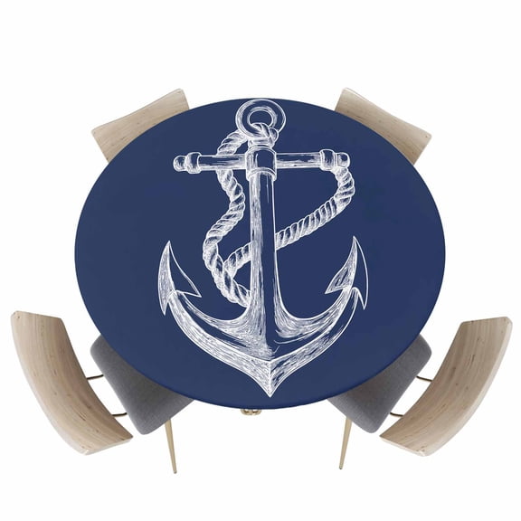 Marine Theme Anchor String Sketch Fitted Round Tablecloths Elastic Edged Table Covers 36"-44",Watercolor Nautical Theme Waterproof Dining Room Kitchen Table Cloth for Holiday Party Tables Decor