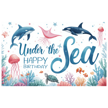 Marine Theme Birthday Banner Underwater Design Dolphin Illustration Jellyfish Decoration for Birthday Party Beach Event Kids Celebration
