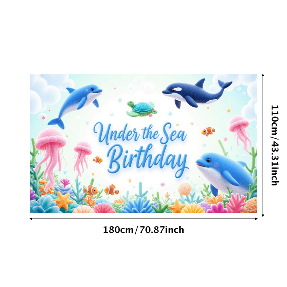Marine Theme Birthday Banner Underwater Design Dolphin Illustration Jellyfish Decoration for Birthday Party Beach Event Kids Celebration