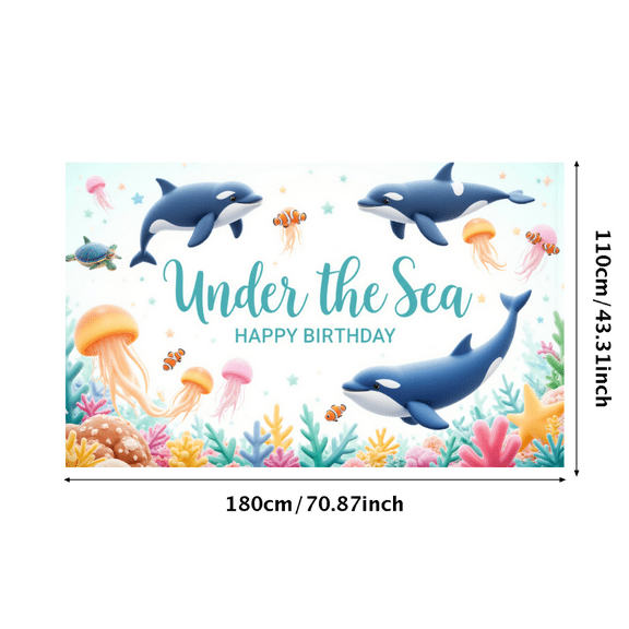 Marine Theme Birthday Banner Underwater Design Dolphin Illustration Jellyfish Decoration for Birthday Party Beach Event Kids Celebration