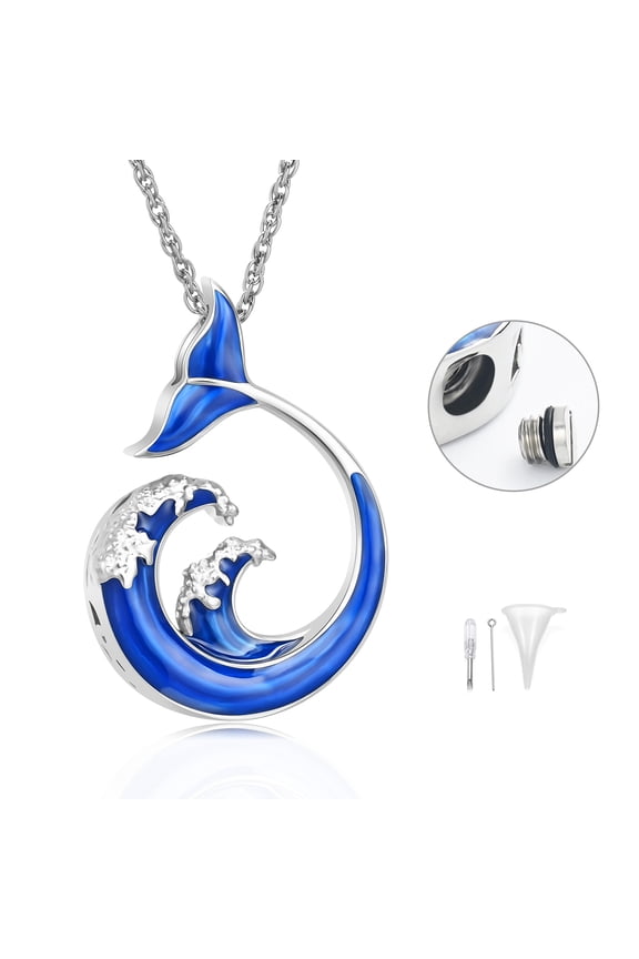 Marine Theme Fishtail Cremation Jewelry for Ashes Fish Urns Necklace for Men Women Memorial Keepsake Jewelry Fish Ashes Pendant for Pets/Human-Blue