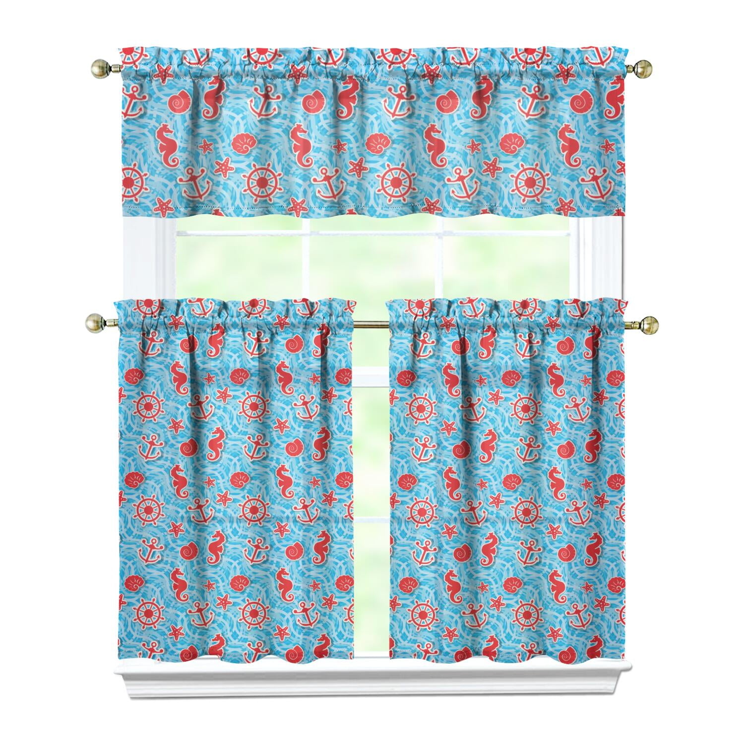 Image showcasing Marine Themed Kitchen Curtains 3-PC Set - Seaside Waves & Lighthouse ...
