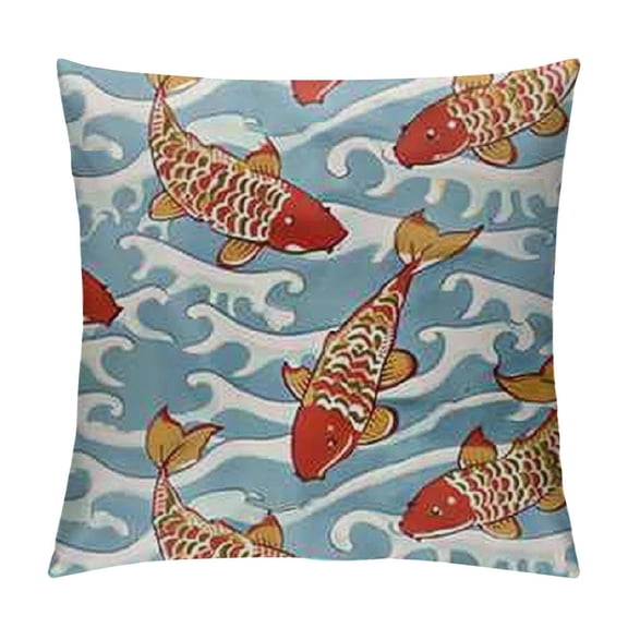 Marine Throw Pillow Cushion Case, Hand Drawing Catfish on The Sea Waves Cartoon Style Underwater Life Theme, Decorative Square Accent Pillow Cover,