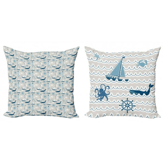 Ambesonne Marine Throw Pillow Cover 2 Pack, Nautical Art Composition, 20", Pale Tan and Blue