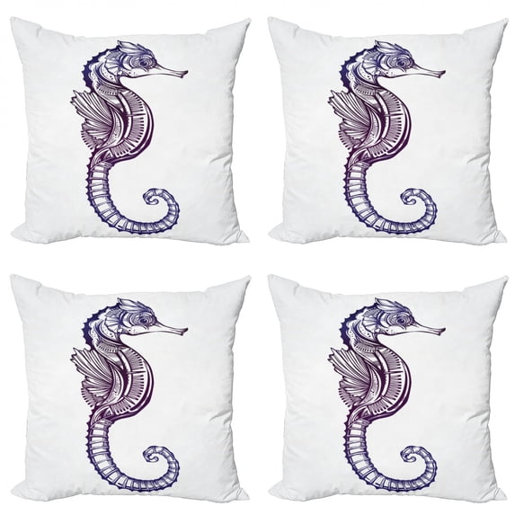 Ambesonne Marine Throw Pillow Cover 4 Pack, Boho Seahorse Tattoo, 18", Dark Purple Pale Mauve