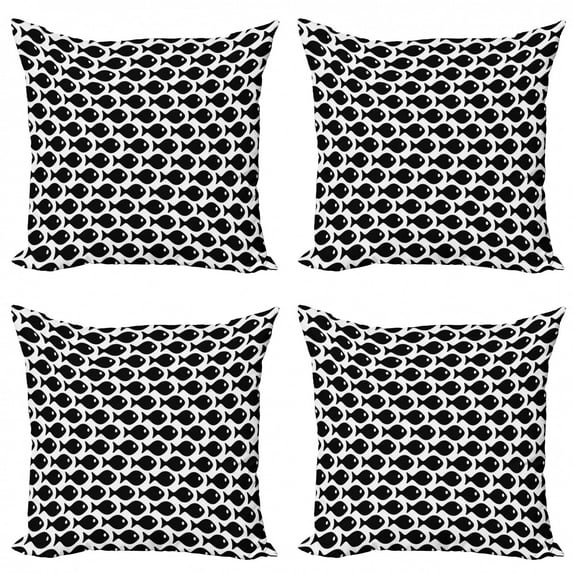 Marine Throw Pillow Cushion Case Pack of 4, Minimalist Toned Fish Underwater Animals Pattern Swimming Sea Urban Style Art, Modern Accent Double-Sided Print, 4 Sizes, White and Black, by Ambesonne