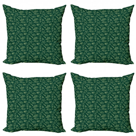 Marine Throw Pillow Cushion Case Pack of 4, Ocean Inhabitants Theme Exotic Fish Seahorse Seashells Starfish Pattern, Modern Accent Double-Sided Print, 4 Sizes, Hunter Green and Cream, by Ambesonne