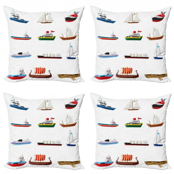 Marine Throw Pillow Cushion Case Pack of 4, Old and New Different Types of Sailboats and Ships in Cartoon Style Nautical, Modern Accent Double-Sided Print, 4 Sizes, Multicolor, by Ambesonne