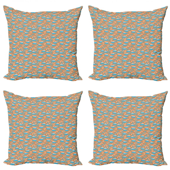 Marine Throw Pillow Cushion Case Pack of 4, Sea Animals Seal Crab Seagull and Nautical Vessels on Tangerine Tone Backdrop, Modern Accent Double-Sided Print, 4 Sizes, Orange Blue White, by Ambesonne