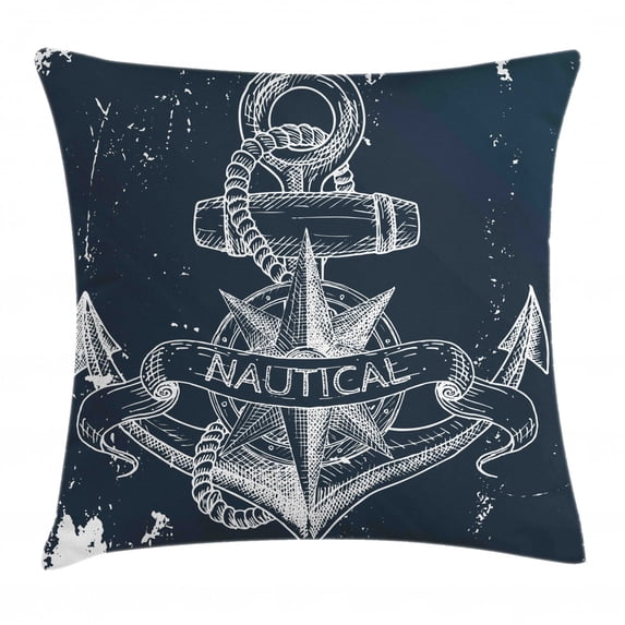 Marine Throw Pillow Cushion Cover, Nautical Knot Compass Anchor Pattern Sea World Ocean Life Grunge Illustration, Decorative Square Accent Pillow Case, 20 X 20 Inches, Dark Blue White, by Ambesonne