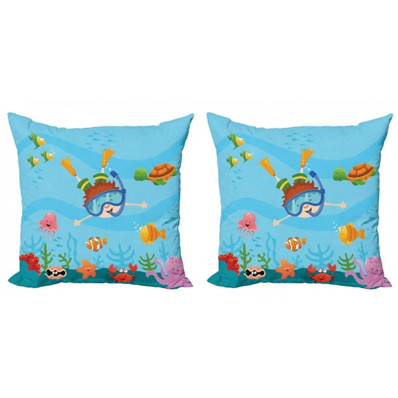 Ambesonne Marine Throw Pillow Cover 2 Pack, Cartoon Diving to Sea Art, 16", Multicolor