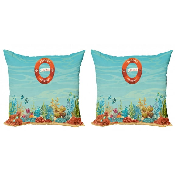 Ambesonne Nautical Throw Pillow Cover 2 Pack, Summer Holidays Coral Reef, 16", Pale Blue Orange