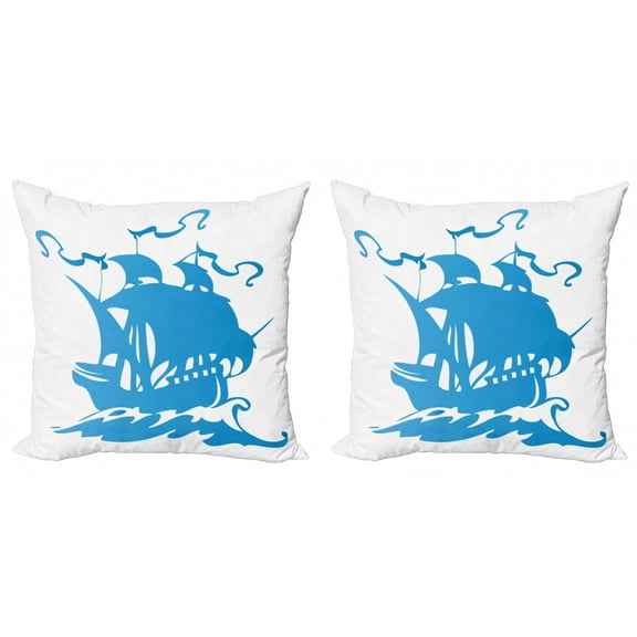 Marine Throw Pillow Cushion Cover Pack of 2, Monochrome Silhouette Sailing Boat Ship Illustration on Plain Background, Zippered Double-Side Digital Print, 4 Sizes, White and Sea Blue, by Ambesonne