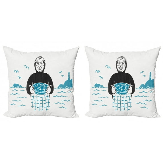 Marine Throw Pillow Cushion Cover Pack of 2, Nautical Design of a Diver with Sea Waves and Flying Birds on the Background, Zippered Double-Side Digital Print, 4 Sizes, Sea Blue Dark Grey, by Ambesonne