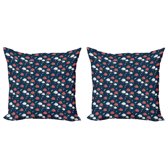 Ambesonne Marine Throw Pillow Cover 2 Pack, Grunge Sailboats and Birds, 24", Night Blue Coral White