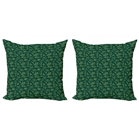 Marine Throw Pillow Cushion Cover Pack of 2, Ocean Inhabitants Theme Exotic Fish Seahorse Seashells Starfish Pattern, Zippered Double-Side Digital Print, 4 Sizes, Hunter Green and Cream, by Ambesonne