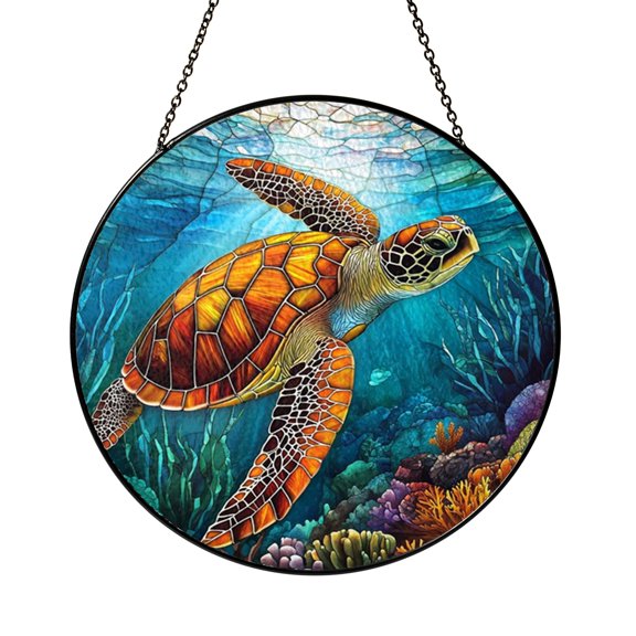Marine Turtle Stained Glass Style Window Hanging Home Decor Art